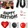 A set of red and black foil number balloons, heart balloons, and letter balloons for birthday decorations.