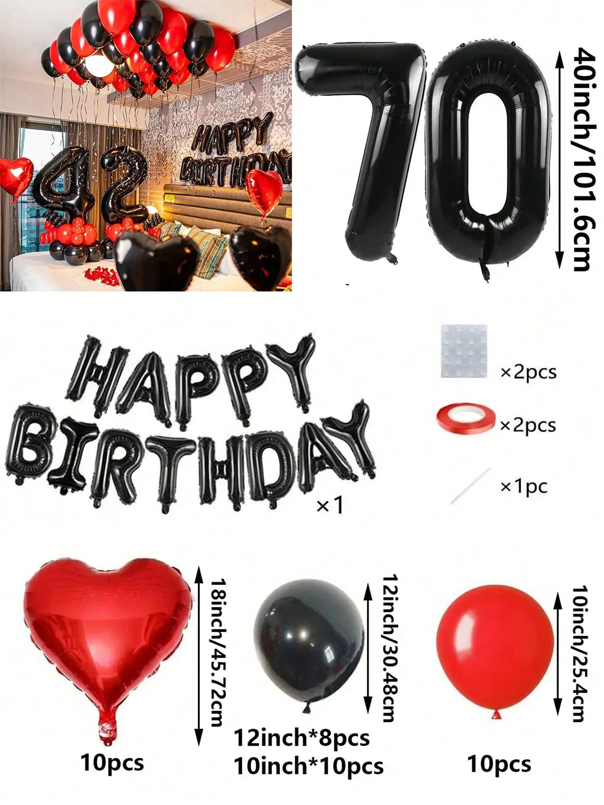 A set of red and black foil number balloons, heart balloons, and letter balloons for birthday decorations.