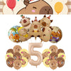 A collection of gold and brown balloons shaped like capybaras for a birthday party decoration kit.
