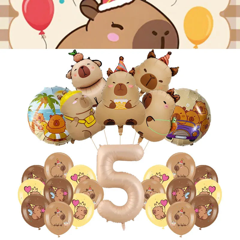A collection of gold and brown balloons shaped like capybaras for a birthday party decoration kit.