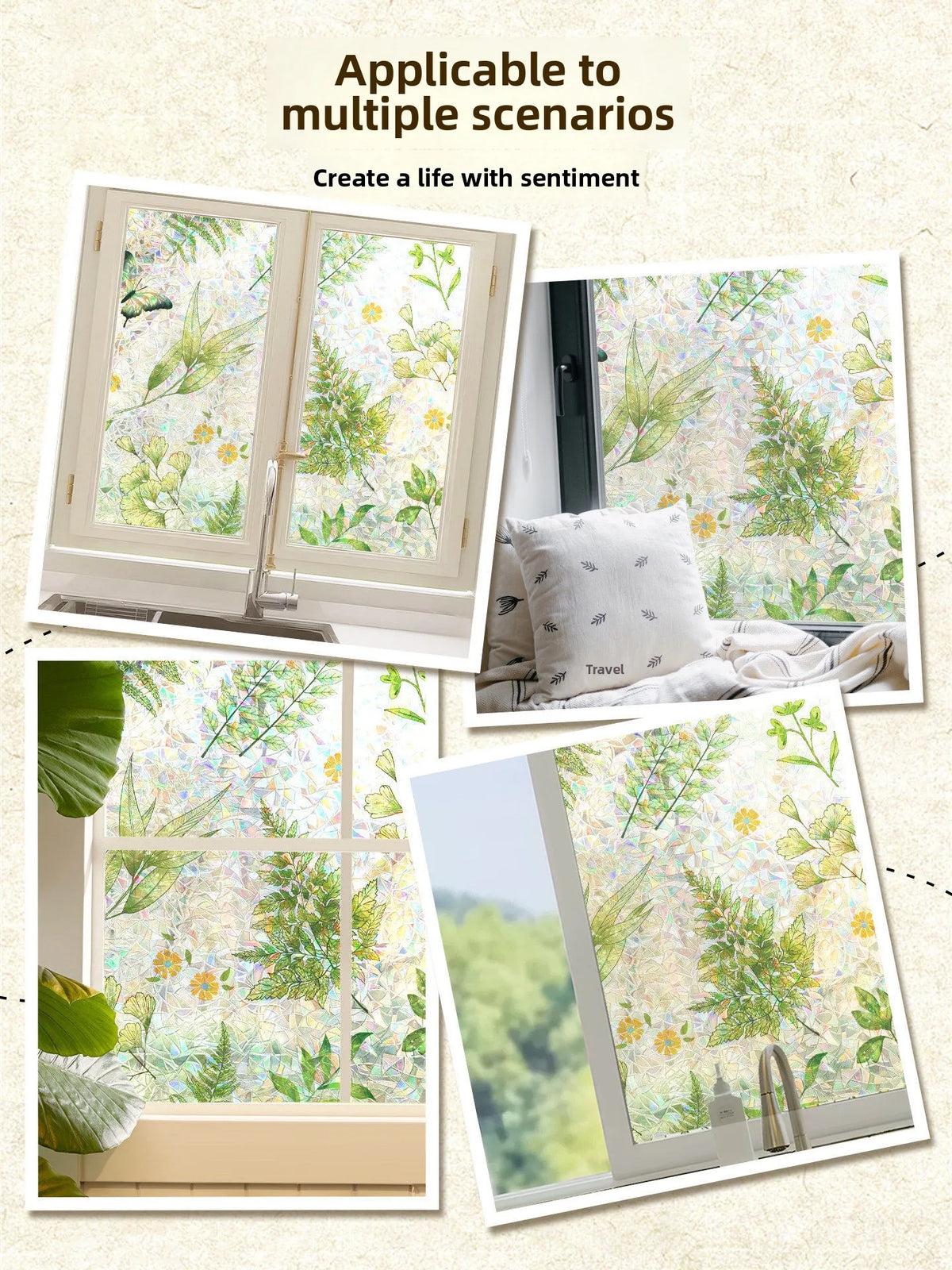 Close-up photos show a privacy window film with a decorative floral pattern applied to various windows and interior scenes.