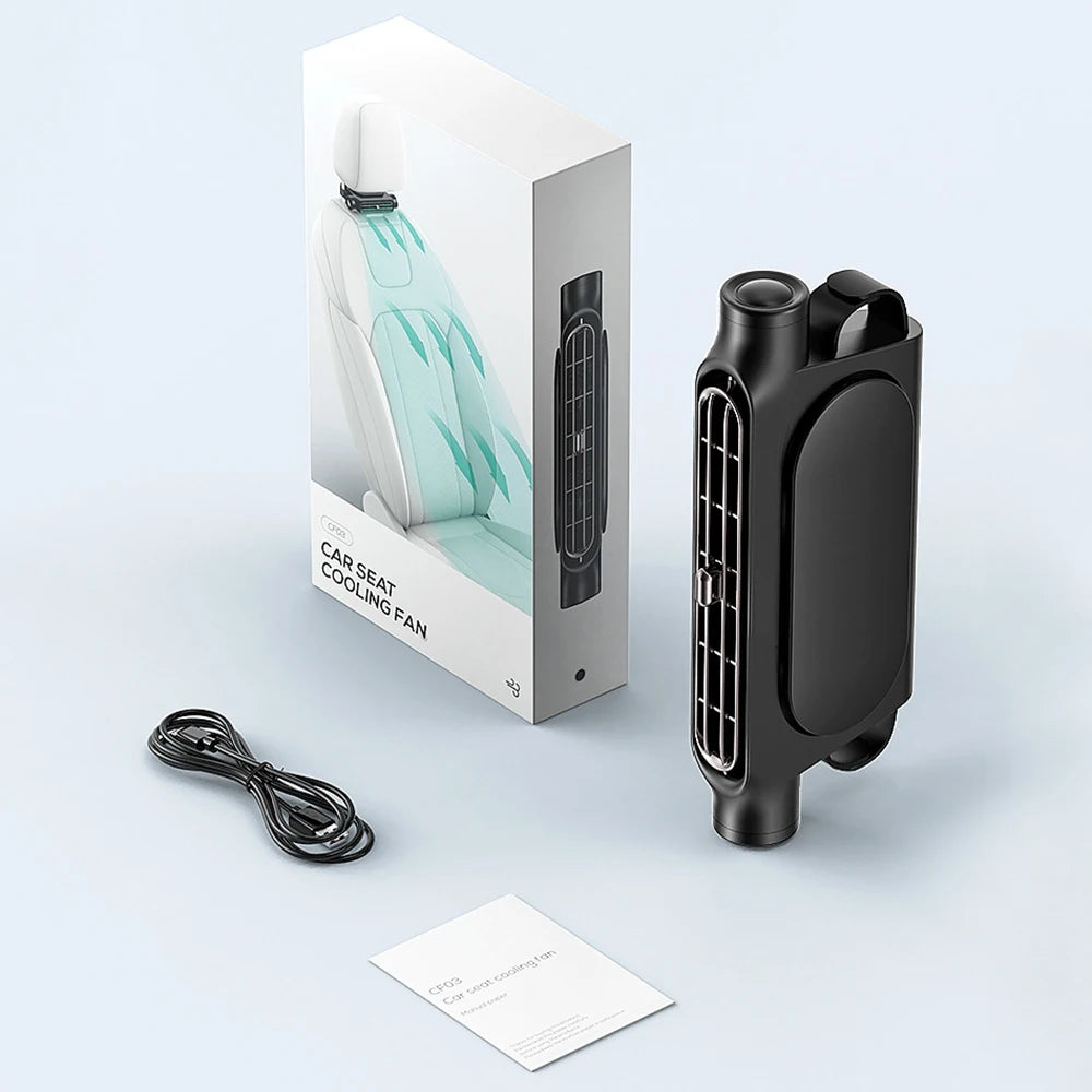 A black car seat cooling fan is shown next to its retail box and a small instruction sheet.