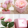 Pink simulated mini bonsai plants in small pots displayed for home decor.