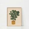 A framed botanical illustration of a green philodendron plant in a terracotta pot on a neutral background.