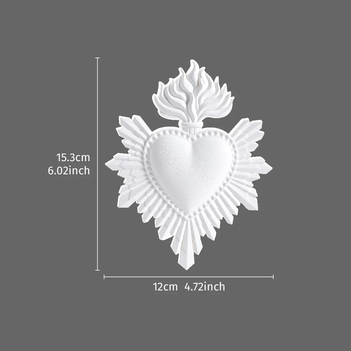 White resin flame heart wall decoration with a heart shape surrounded by stylized flames