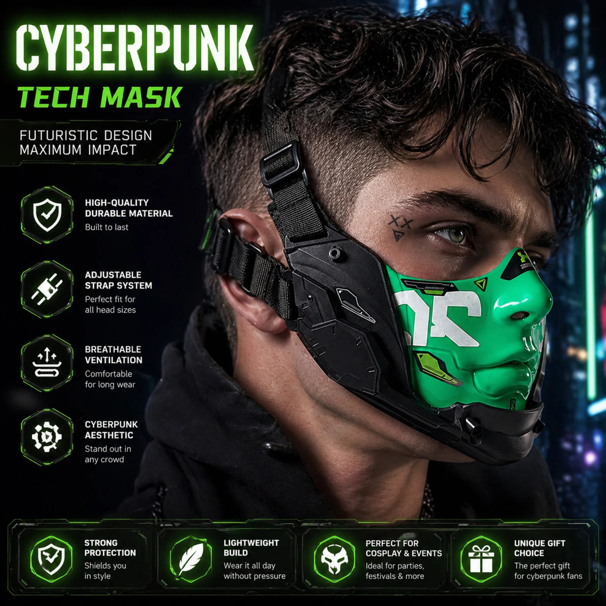 A male model wearing a green cyberpunk tech mask with black straps, displayed against a dark, futuristic background.
