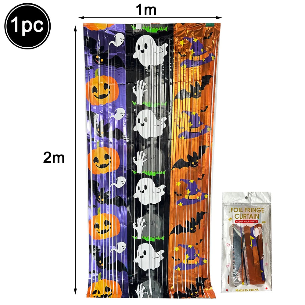Halloween Foil Fringe Curtain – Pumpkin, Ghost & Bat Print Party Backdrop