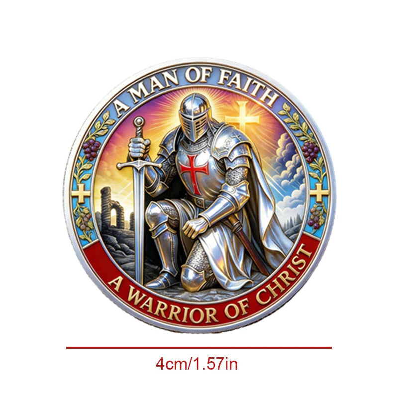 A commemorative coin design featuring a warrior in armor surrounded by religious symbols and text.