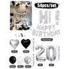 A set of black and white balloons and a silver banner for birthday party decoration