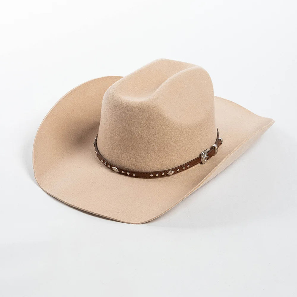 A beige wool cowboy hat with a brown studded leather band.