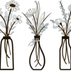 Set of three rustic metal vases with delicate white and gray flowers