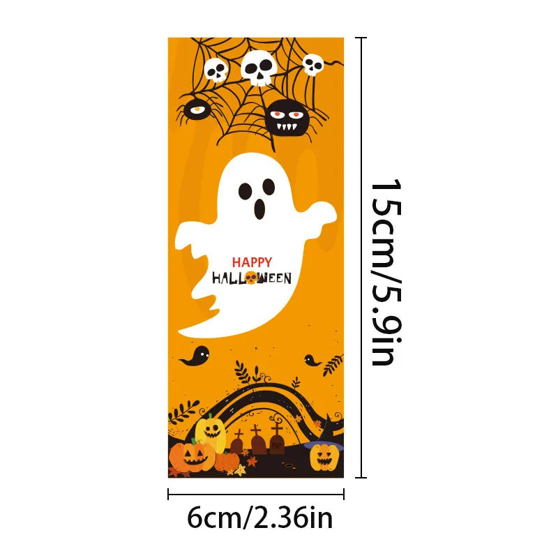 A vertical label with a spooky spiderweb design and the text HAPPY HALLOWEEN on an orange background.