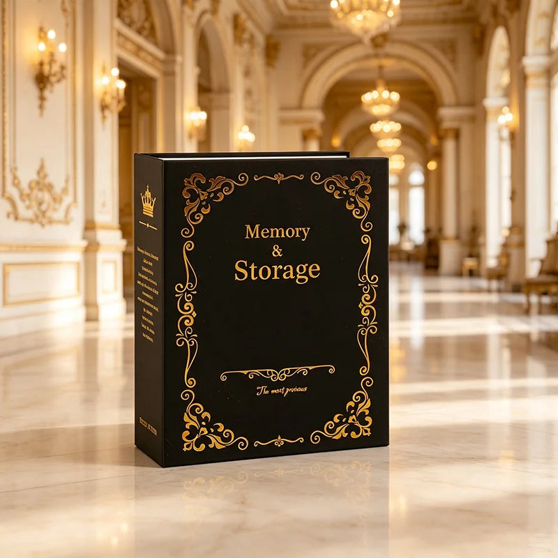 A black photo album with gold foil lettering titled Memory & Storage displayed in a grand, ornate hall.