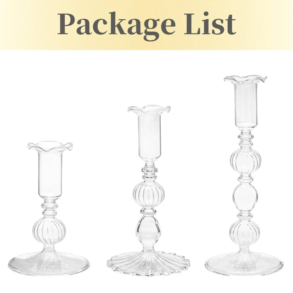 A package list showing three clear glass tapered candle holders with wavy designs.