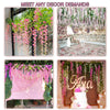 Décor floral avec des guirlandes de wisteria artificielle rose et violette pour mariages ou événements.