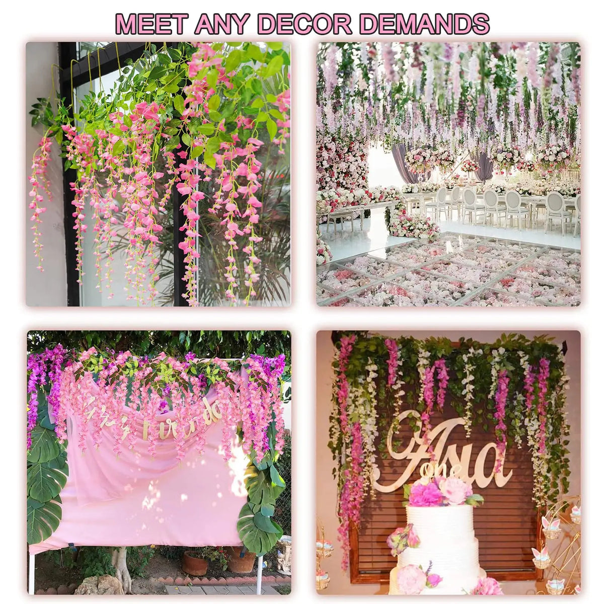 Décor floral avec des guirlandes de wisteria artificielle rose et violette pour mariages ou événements.