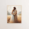 Oil painting depicting Jesus and a woman embracing in a field with soft, warm light.