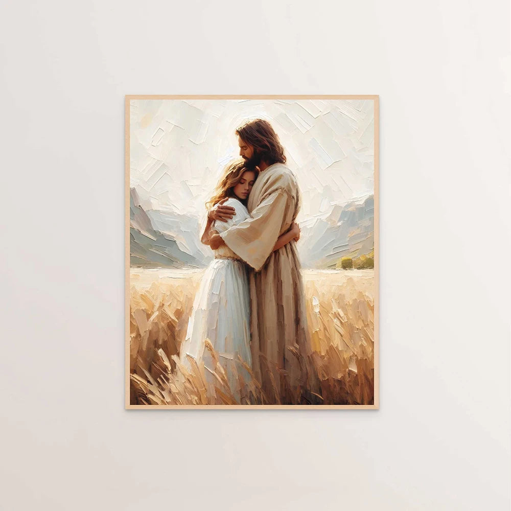 Oil painting depicting Jesus and a woman embracing in a field with soft, warm light.