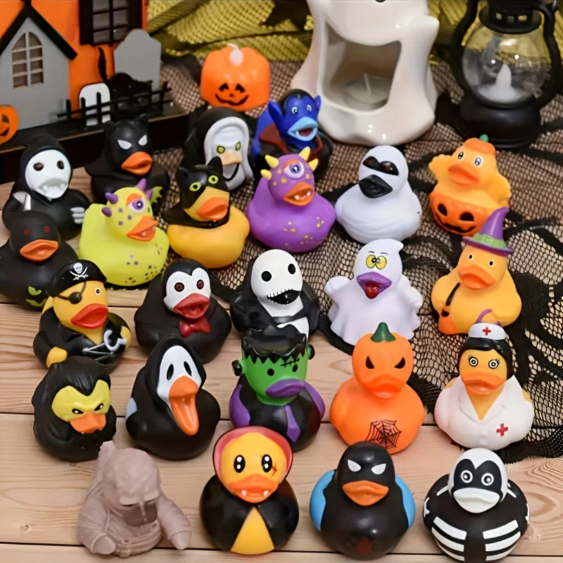 A collection of various black, yellow, and orange rubber ducks for party favors displayed on a dark mesh surface.
