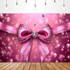 A pink glittery bow tie banner backdrop with pink and silver confetti and bokeh lights.