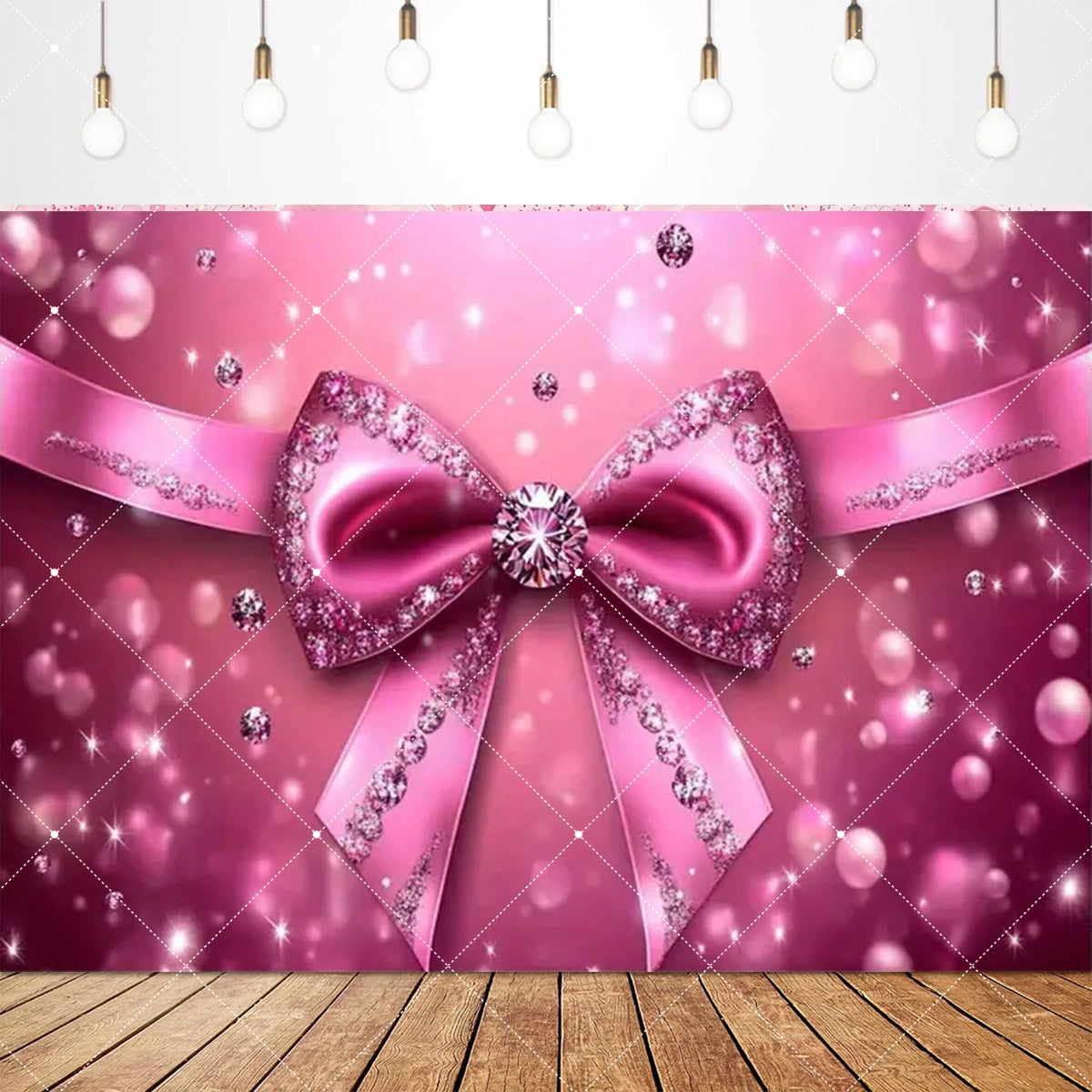 A pink glittery bow tie banner backdrop with pink and silver confetti and bokeh lights.