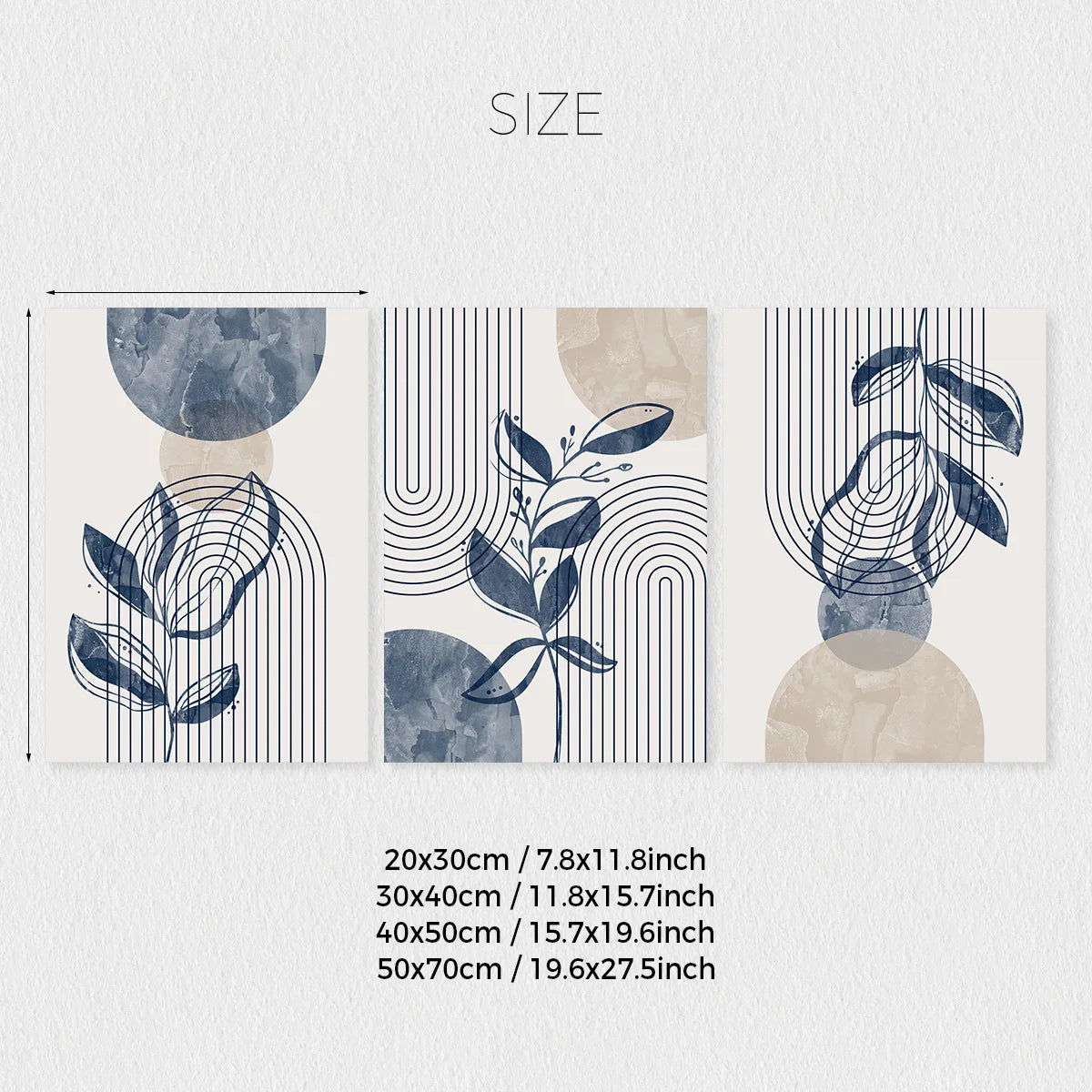 Set of three abstract geometric wall art prints featuring botanical line drawings in blue and beige tones.