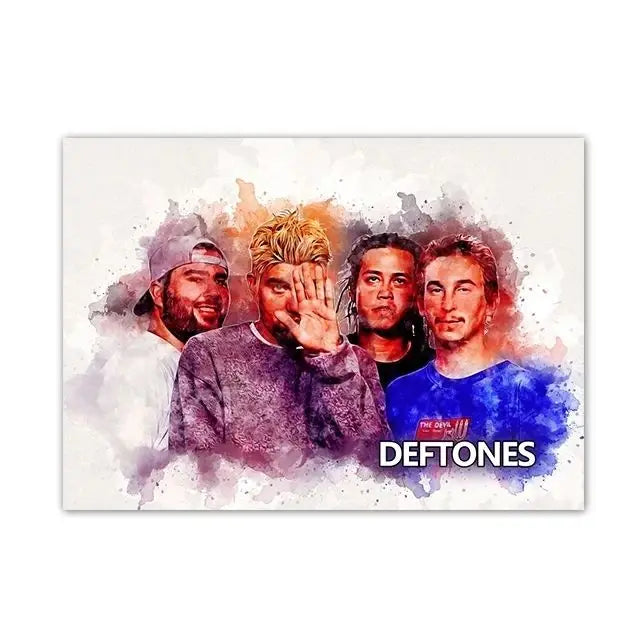 A watercolor-style image featuring three male musicians from the band Deftones looking towards the viewer.