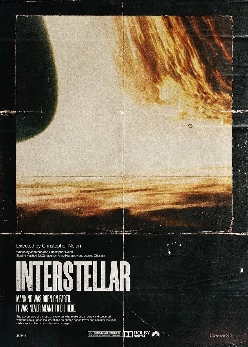 Poster for the movie Interstellar featuring a dramatic orange and brown sky over a horizon.