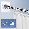 A close-up of a silver curtain rod and brackets with attached white fabric curtains, showing installation hardware.