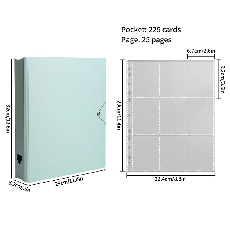 A light mint green photo card binder with a pocket for 225 cards and 25 pages.