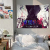 A large tapestry featuring a dark silhouette of a character from Tokyo Ghoul anime art on a white background.