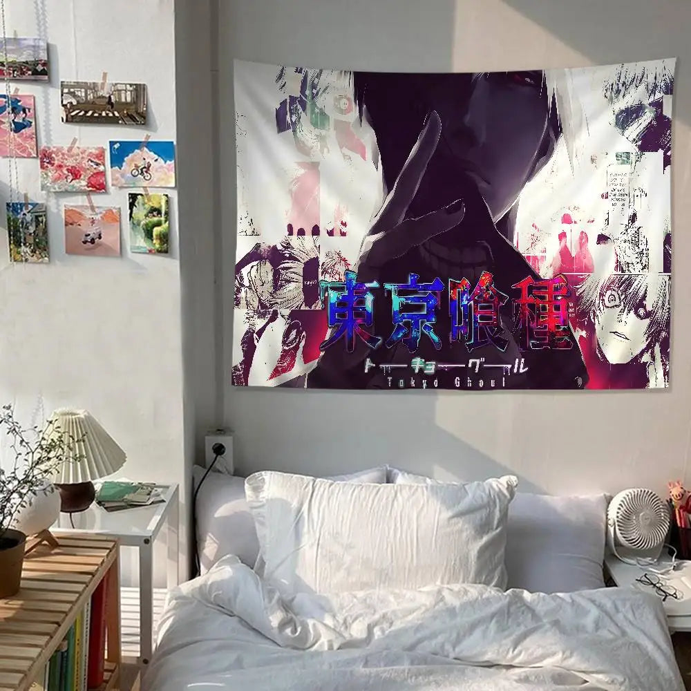 A large tapestry featuring a dark silhouette of a character from Tokyo Ghoul anime art on a white background.