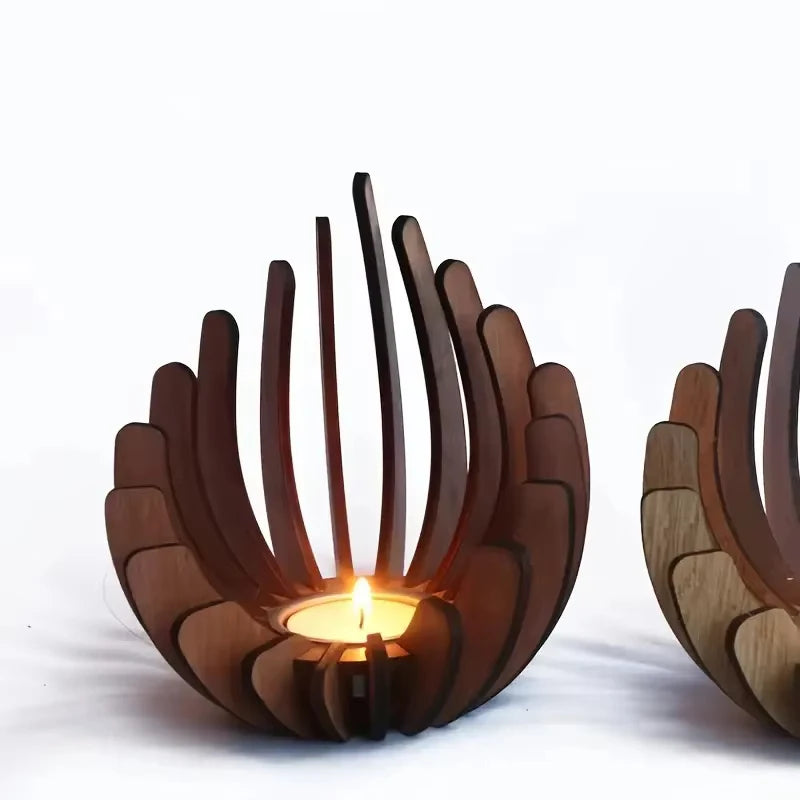 A dark brown wooden lotus candle holder decoration with a lit candle.