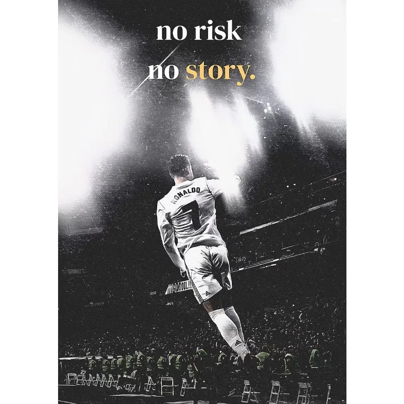 A black and white image of a football athlete in action against a bright background with the text no risk no story.