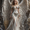 Eine weibliche Figur mit großen weißen gefiederten Flügeln steht in einem großen Steinbogen, trägt ein elegantes weißes Kleid