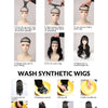 Instructions on how to wear a wig, including steps for applying and adjusting the wig cap.