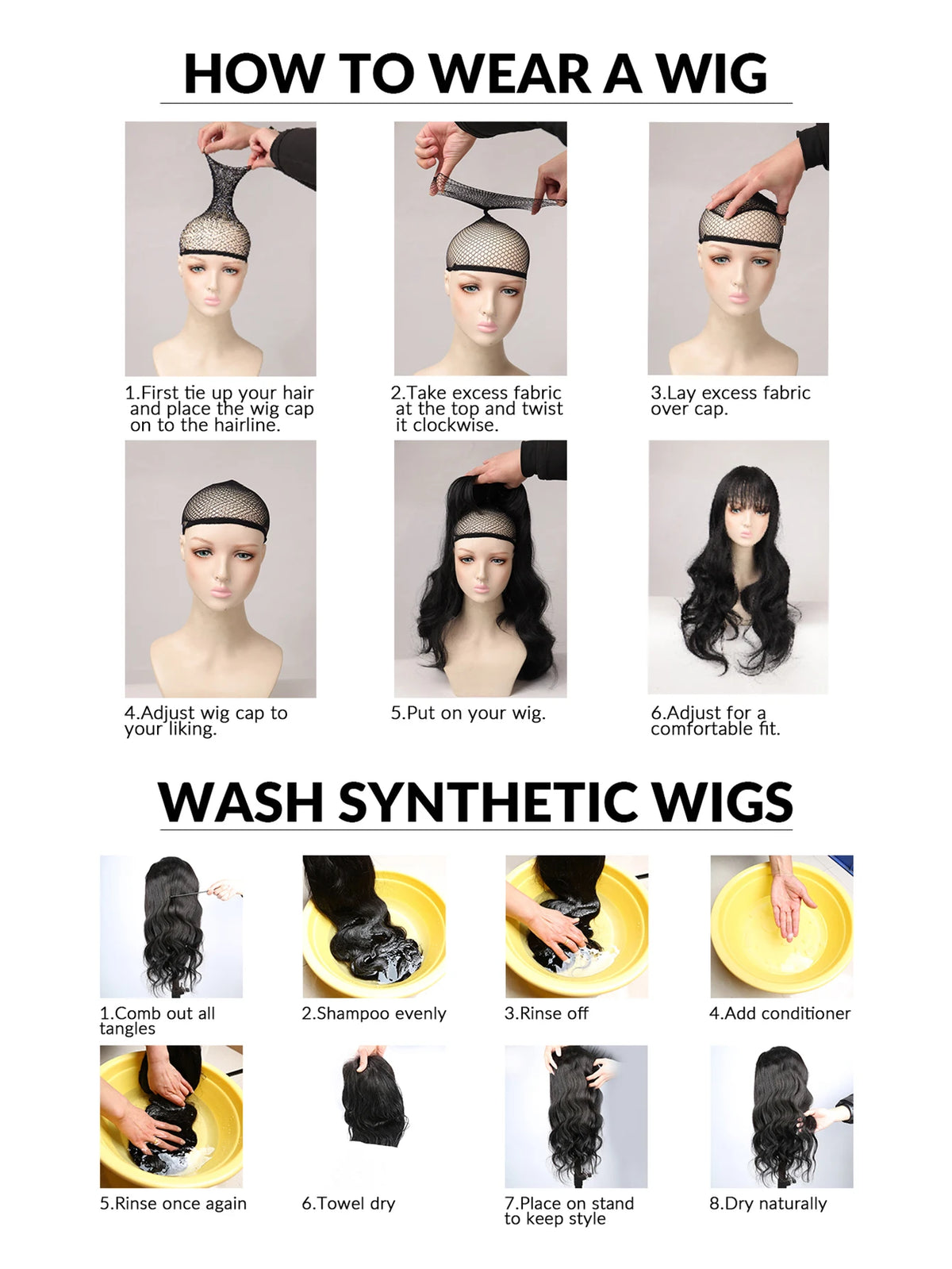 Instructions on how to wear a wig, including steps for applying and adjusting the wig cap.