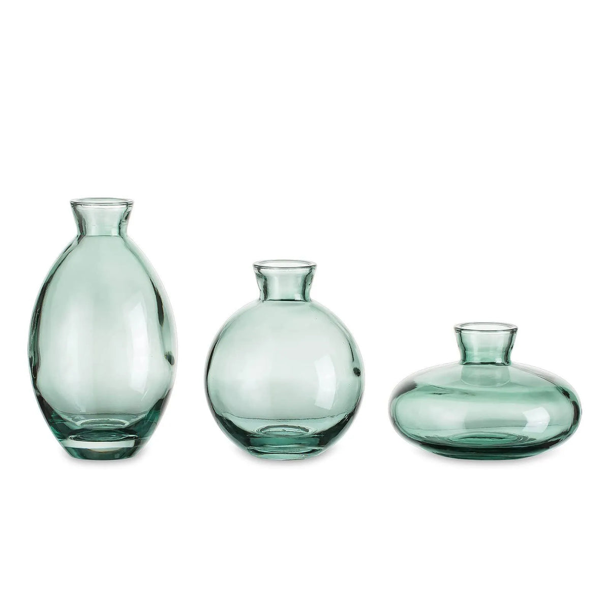 A set of three minimalist glass bud vases in varying sizes and shades of seafoam green.