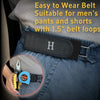 A close-up of a black belt with metal hooks and an elastic waistband shown on blue denim pants.