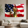 A tapestry featuring a vibrant movie-inspired depiction of a turkey or chicken head against an American flag background.