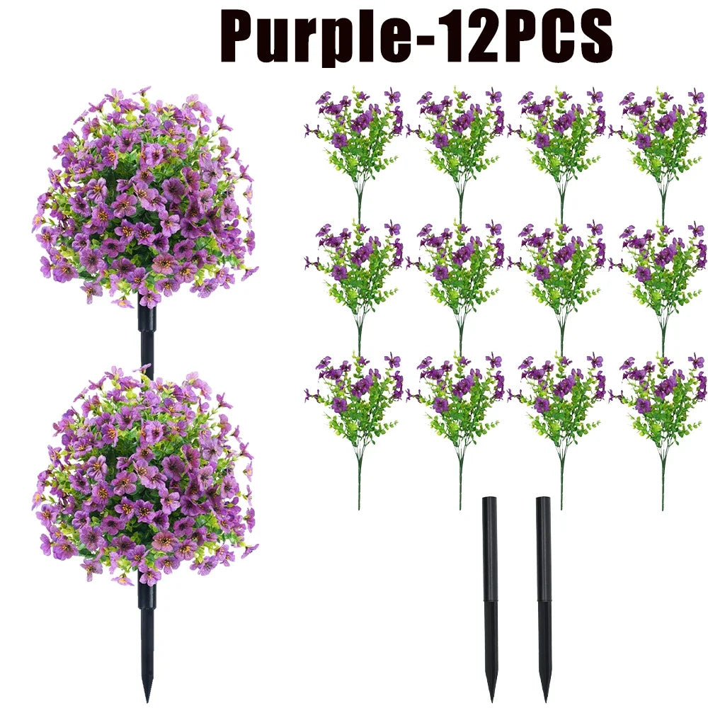 Purple artificial flowers in 12 packs displayed on a white background.