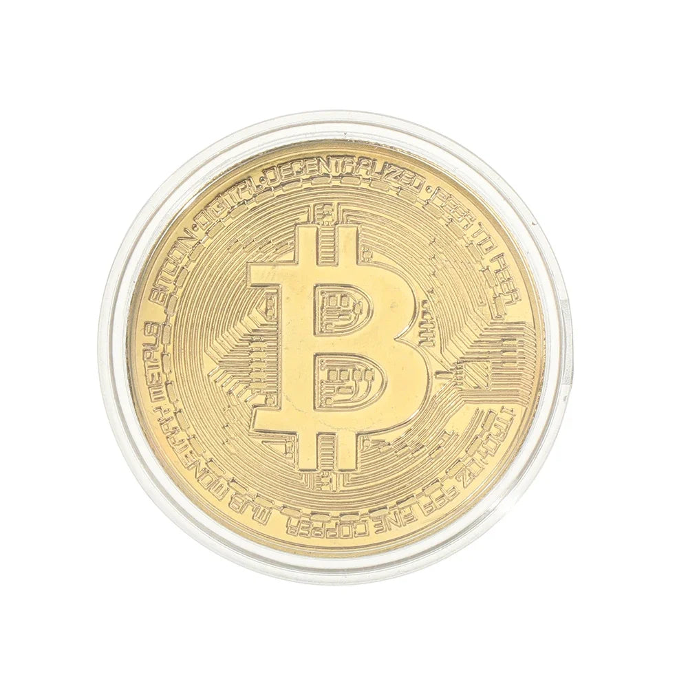 Moneda metálica dorada redonda con símbolo de Bitcoin y texto conmemorativo.