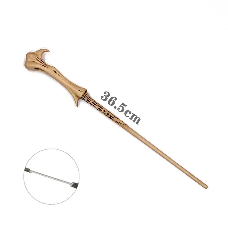 A golden metal magic wand with a carved bone shape, measuring 36.5cm.