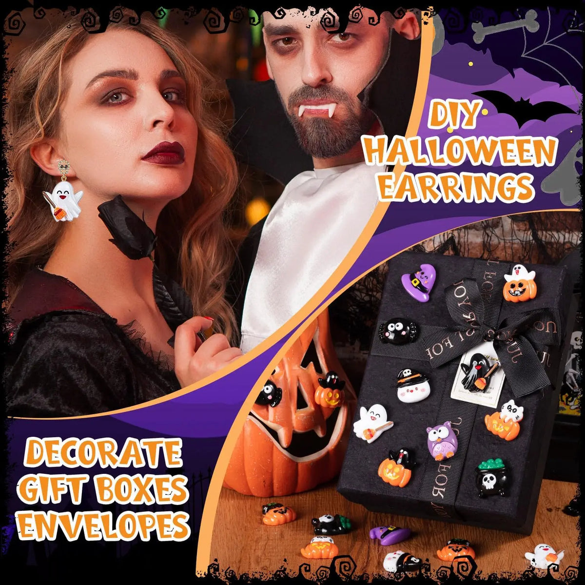 DIY Halloween earrings featuring resin charms of pumpkins and ghosts on gift envelopes