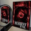 A dark red and black poster featuring a close-up, intense eye design for Resident Evil wall art decor.