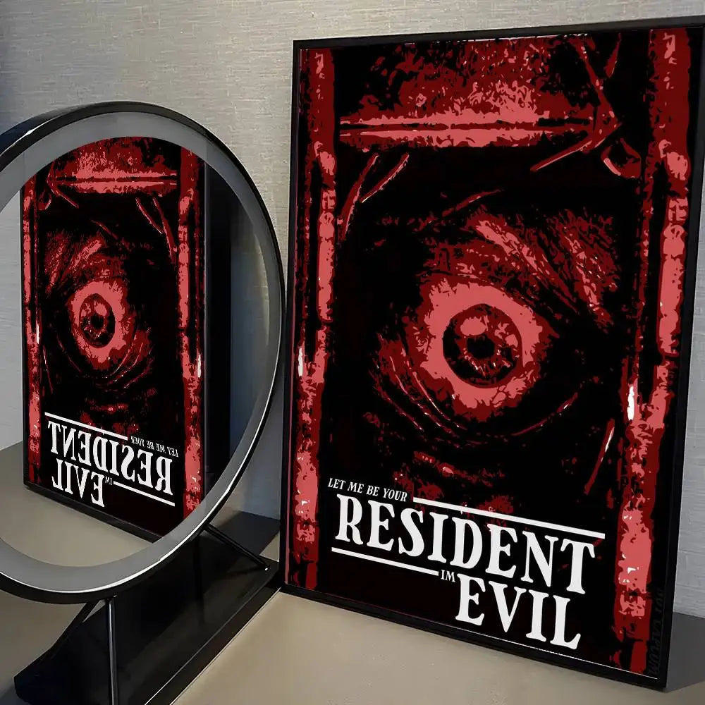 A dark red and black poster featuring a close-up, intense eye design for Resident Evil wall art decor.