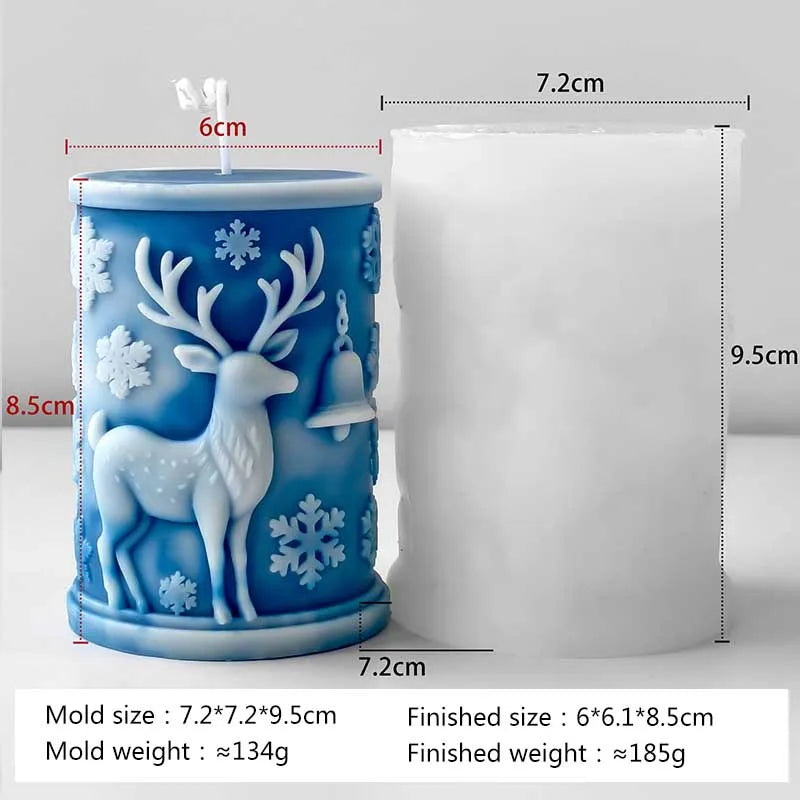 A blue silicone mold for Christmas decorations featuring a deer and a bell, shown next to the finished product.