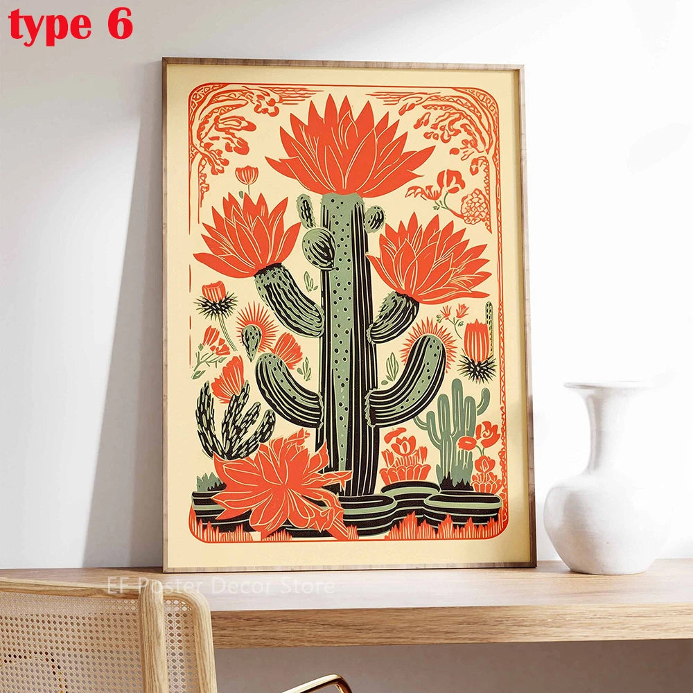 A vertical poster featuring a vibrant orange and green cactus floral design in vintage style.