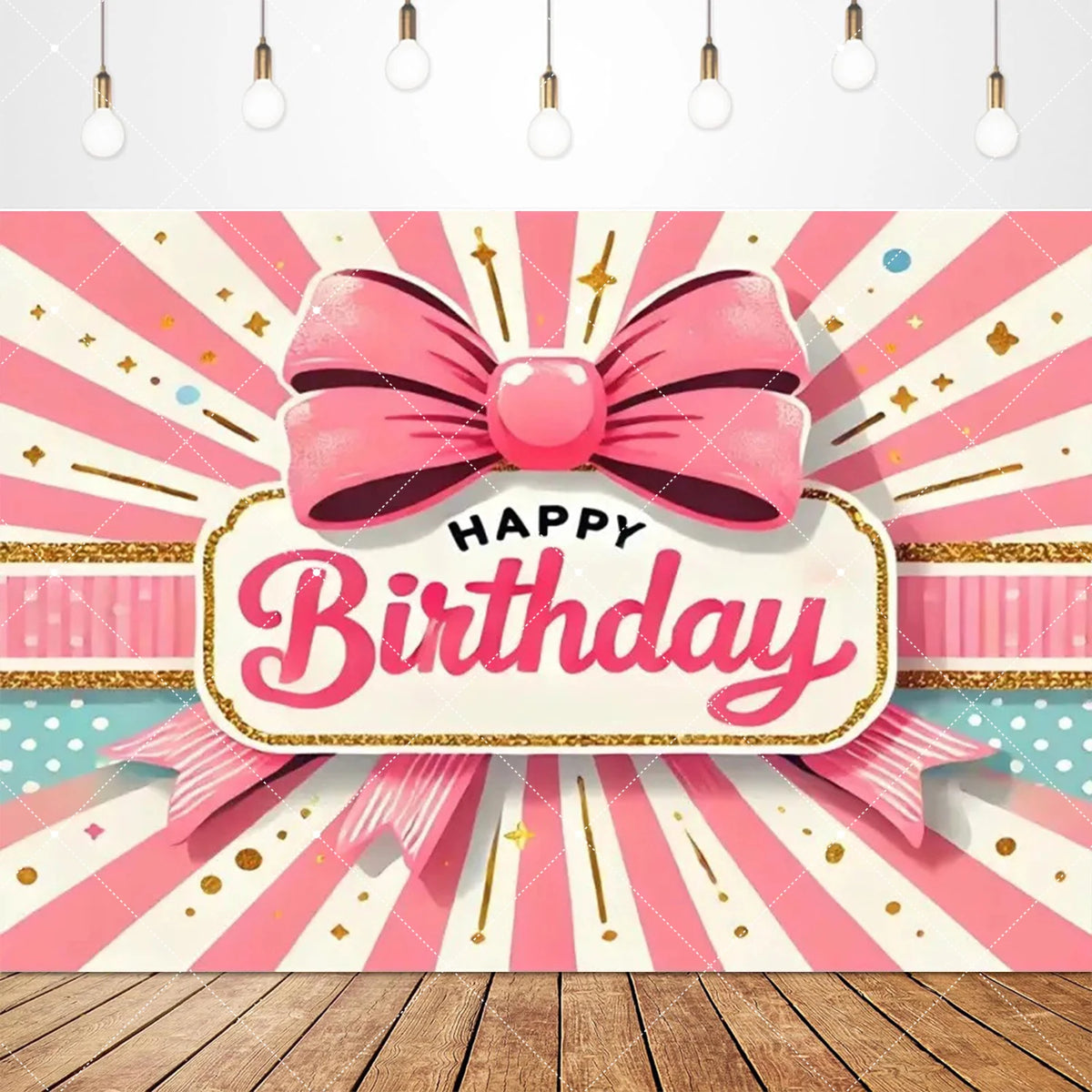 A pink bow tie birthday party backdrop banner featuring vertical stripes and gold accents.