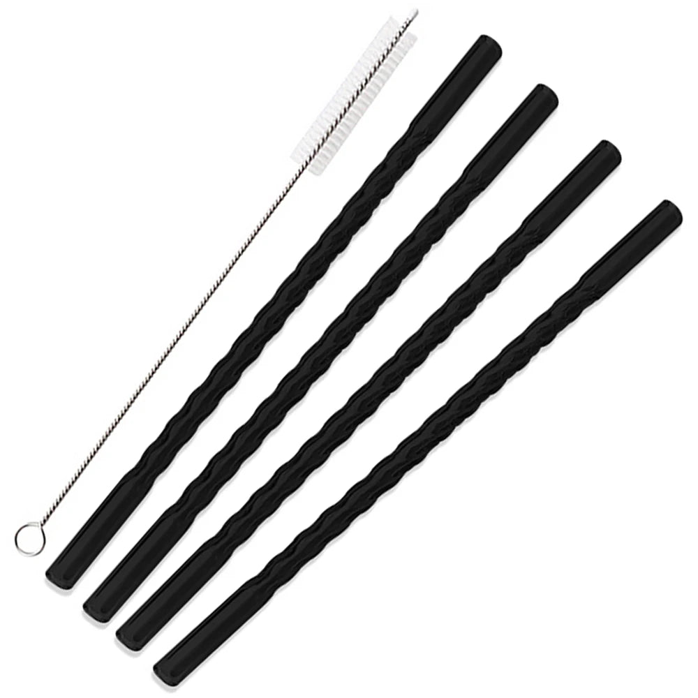 A set of black reusable borosilicate glass straws with cleaning brushes.